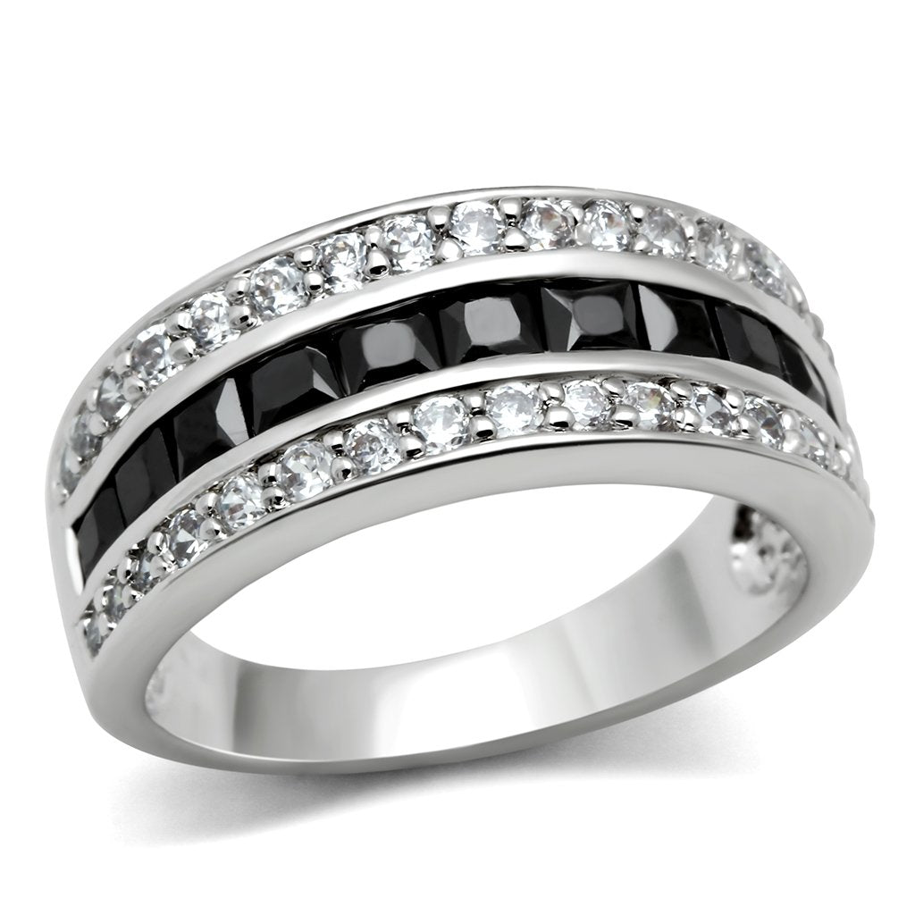 JCE117 Rhodium Brass Ring with AAA Grade CZ  in Jet
