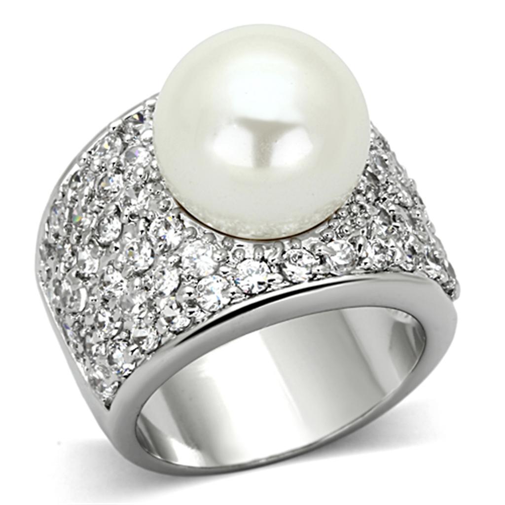 JCE2951 Rhodium Brass Ring with Synthetic Pearl in White