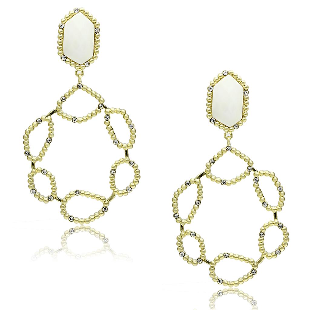 JCE3693 Gold & Brush Brass Earrings with Synthetic Synthetic Stone in White